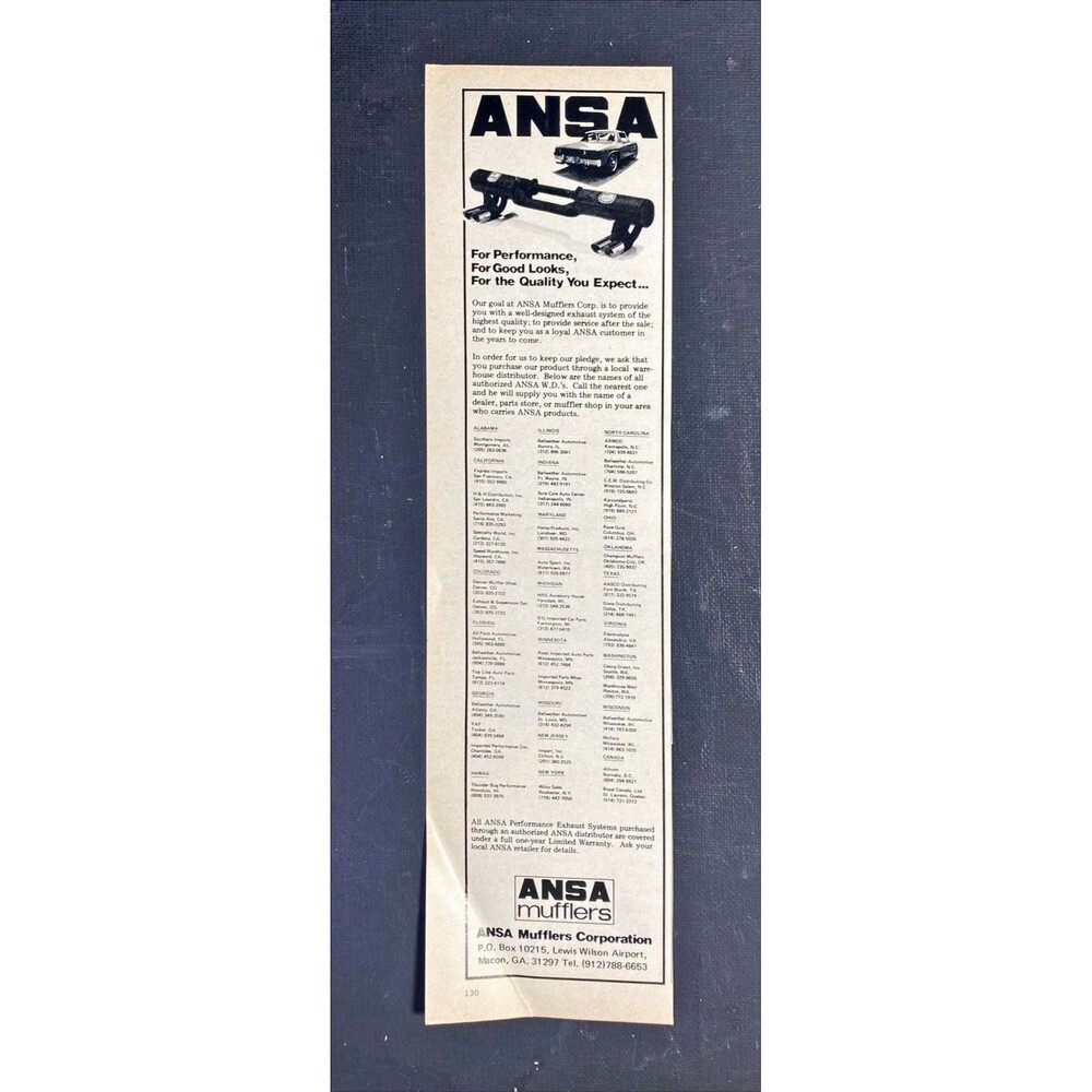 ANSA Mufflers Corp. "For Performance, Looks and Quality" Vintage Print Ad 1982